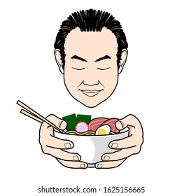 Asian man eats traditional ramen soup with chopsticks. Hot noodle soup with beef, Nori sheets, eggs and spiral fishcake (roll). Vector illustration isolated on white background.