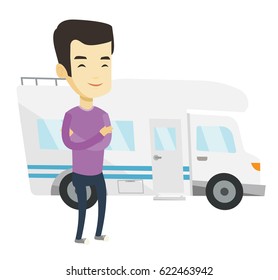 Asian man enjoying his vacation in motor home. Young man standing with arms crossed in front of motor home. Man traveling by motor home. Vector flat design illustration isolated on white background.