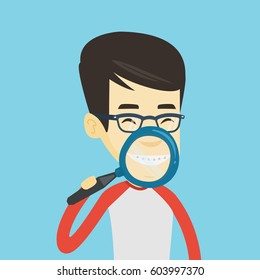Asian man examining his teeth with magnifier. Smiling young man holding magnifying glass in front of his teeth. Teeth examining and health care concept. Vector flat design illustration. Square layout.