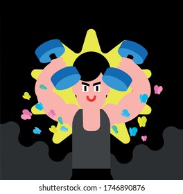 Asian man exercising, hot with sweat and wetness. Smell and sweat under his armpits. Deodorant