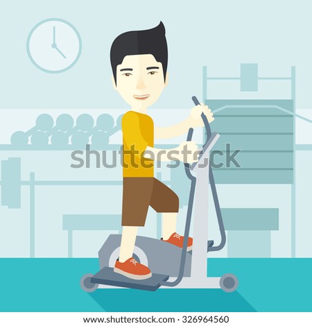 An asian man exercising on a elliptical machine in the gym vector flat design illustration. Square layout.