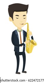 Asian man with eyes closed playing on saxophone. Pleased musician playing on saxophone. Young musician with saxophone. Vector flat design illustration isolated on white background.