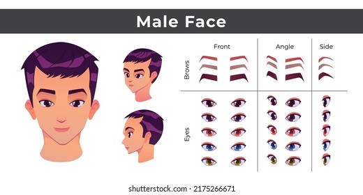 Asian man face construction, avatar creation with head parts isolated. with different eyes and eyebrows