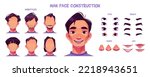 Asian man face construction cartoon set isolated on white background. Vector illustration of different male character eyes, nose, mouth, hairstyle for avatar creation. Game design elements