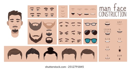 Constructor de cara de hombre asiático, avatar de la creación de personajes masculinos peinado, nariz, ojos con cejas y labios. Elementos faciales para la construcción. Conjunto de dibujos animados adecuado para animación y sincronización de labios hablando.