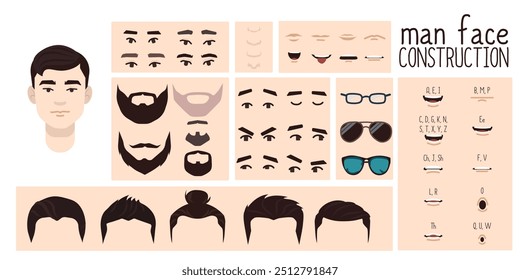 Constructor de cara de hombre asiático, avatar de la creación de personajes masculinos peinado, nariz, ojos con cejas y labios. Elementos faciales para la construcción. Conjunto de dibujos animados adecuado para animación y sincronización de labios hablando.