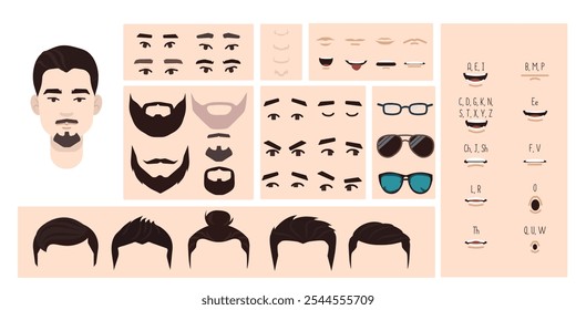 Asian man face constructor, avatar of male character creation hairstyle, nose, eyes with eyebrows and lips. Facial elements for construction. Cartoon set suitable for animation and lip sync speaking.	