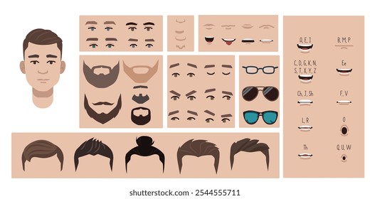 Asian man face constructor, avatar of male character creation hairstyle, nose, eyes with eyebrows and lips. Facial elements for construction. Cartoon set suitable for animation and lip sync speaking.	