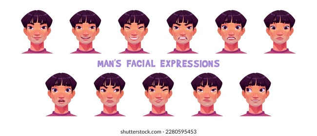 Asian man face, japanese or chinese character with sad, happy and angry emotions. Korean boy avatar with different facial expression isolated on white background, vector cartoon set