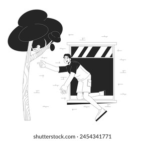 Hombre asiático que cae de la ventana ilustración plana de dibujos animados en blanco y negro. Joven macho tratando de atrapar el personaje 2D lineart pájaro aislado. Accidente peligroso escena monocroma contorno de Vector Imagen