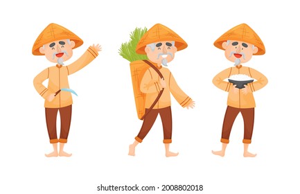 Asian Man Farmer in Straw Conical Hat Carrying Basket with Rice Grass Vector Set