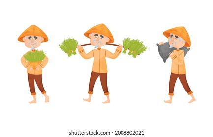 Asian Man Farmer in Straw Conical Hat Carrying Rice Grass in Sack and Wicker Basket Vector Set