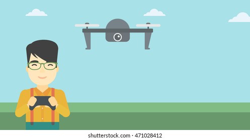 An asian man flying drone with remote control. Man operating a drone with remote control. Man controling a drone. Vector flat design illustration. Horizontal layout.