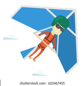 Asian man flying on hang-glider. Sportsman taking part in hang gliding competitions. Man having fun while gliding on delta-plane in sky. Vector flat design illustration isolated on white background.