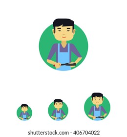 Asian man with frying pan