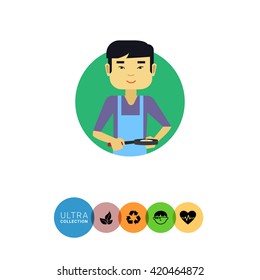 Asian man with frying pan