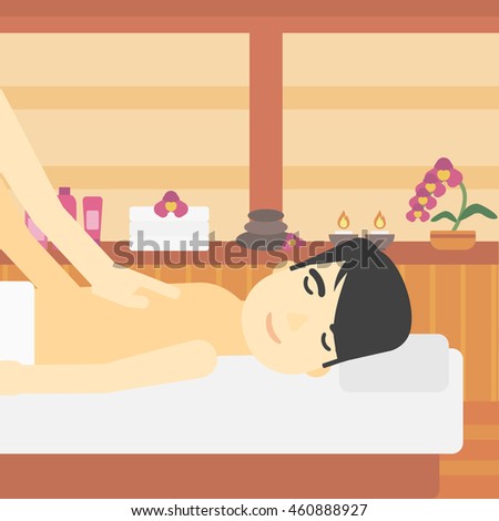 An asian man getting a back massage in the spa center. Man having back massage in the spa salon. Vector flat design illustration. Square layout.