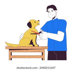 Asian man grooming dog 2D linear cartoon character. Groomer taking care of pet isolated line vector person white background. Animal beauty and hygiene service color flat spot illustration