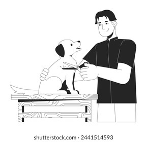 Personaje de dibujos animados de la línea 2D en blanco y negro del perro del aseo del hombre asiático. Groomer cuidando de la persona aislada del contorno del vector de la mascota. Servicio de belleza e higiene animal monocromática ilustración de punto plano