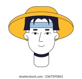 Asian man in hat flat line color vector character head. Cheerful brunette boy. Editable cartoon avatar icon. Face emotion. Simple cartoon spot illustration for web graphic design