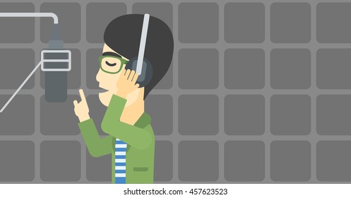 An asian man in headphones singing in recording studio. Singer making a record of his voice. Young singer recording a song. Vector flat design illustration. Horizontal layout.
