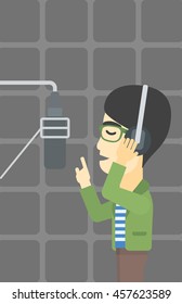 An asian man in headphones singing in recording studio. Singer making a record of his voice. Young singer recording a song. Vector flat design illustration. Vertical layout.