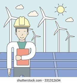 Un hombre asiático con casco y un documento en las manos sobre un fondo con un gran panel solar y turbinas eólicas. Ilustración de diseño de línea de vector. Diseño cuadrado.