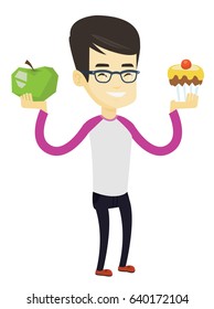 Asian man holding apple and cupcake. Man choosing between apple and cupcake. Concept of choice between healthy and unhealthy nutrition. Vector flat design illustration isolated on white background.