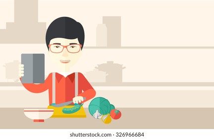 An asian man holding a digital tablet and cutting vegetables vector flat design illustration. Cooking technology concept. Horizontal layout with a text space for a social media post.