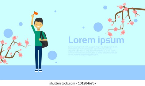 Asian Man Holding Flag Over Template Background With Sakura Tree Blossom Flat Vector Illustration