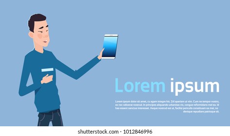 Asian Man Holding Modern Digital Tablet Or Cell Smart Phone Over Template Background Flat Vector Illustration