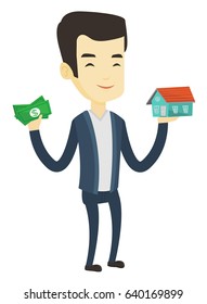 Asian Man Holding Money And Model Of House. Young Man Having Loan For House. Man Got Loan For Buying A New House. Real Estate Loan Concept. Vector Flat Design Illustration Isolated On White Background