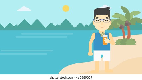 An asian man holding an orange cocktail in hand on the beach. Man drinking a cocktail on the beach. Man enjoying his vacation. Vector flat design illustration. Horizontal layout.