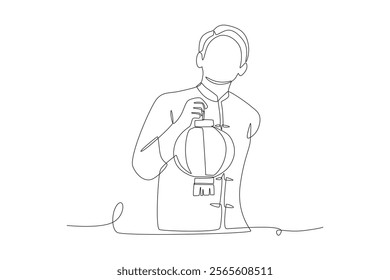 Asian man holding a red lantern. Red lanterns concept one-line drawing