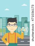 An asian man holding ringing mobile phone on a city background. Man answering a phone call. Man with ringing phone in hand. Vector flat design illustration. Vertical layout.