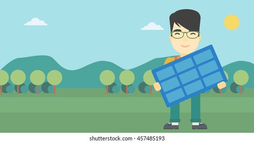 An asian man holding a solar panel in hands on the background of mountain landscape. Green energy concept. Vector flat design illustration. Horizontal layout.