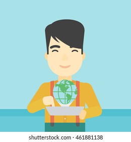 An asian man holding tablet computer with model of planet earth above the device. International technology communication concept. Vector flat design illustration. Square layout.