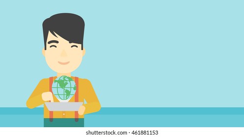 An asian man holding tablet computer with model of planet earth above the device. International technology communication concept. Vector flat design illustration. Horizontal layout.