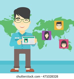 An asian man holding tablet computer with social network user profile on a screen on the background of map with avatars of social network. Vector flat design illustration. Square layout.