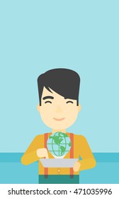 An asian man holding tablet computer with model of planet earth above the device. International technology communication concept. Vector flat design illustration. Vertical layout.