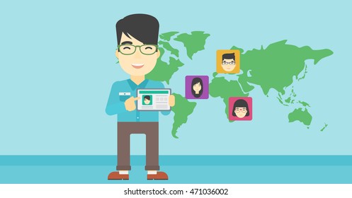 An asian man holding tablet computer with social network user profile on a screen on the background of map with avatars of social network. Vector flat design illustration. Horizontal layout.