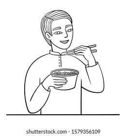 Asian man holds chopsticks and eats with relish instant noodles. Happy man in Asian shirt enjoys take-away ramen. Guy savours junk food. Vector outline illustration drawings on a white background