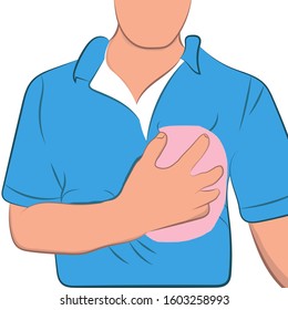 Asian man holds on his heart having a heart ache, concept maintaining a healthy vector image design illustration