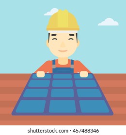 An asian man installing solar panels on roof. Technician in inuform and hard hat checking solar panels on roof. Vector flat design illustration. Square layout.