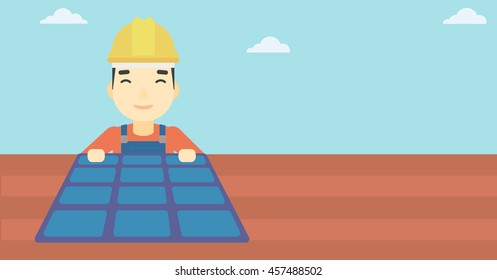 An asian man installing solar panels on roof. Technician in inuform and hard hat checking solar panels on roof. Vector flat design illustration. Horizontal layout.