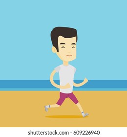 Asian man jogging on the beach. Sporty male athlete running on the beach. Young man running along the seashore. Fit man enjoying jogging on beach. Vector flat design illustration. Square layout.