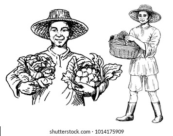 Asian man keep cauliflower, Asian man holding a basket of vegetables, hand drawn vector illustration.