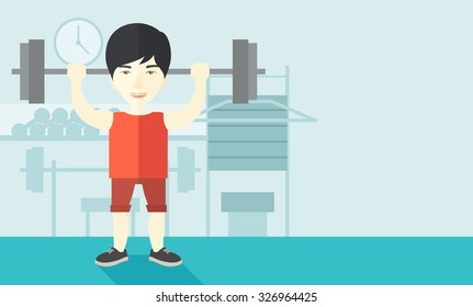 Un hombre asiático levantando una bestia dentro de la ilustración de diseño plana vectorial del gimnasio. Concepto deportivo. Diseño horizontal con un espacio de texto.