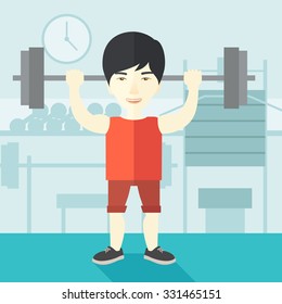 Un hombre asiático levantando una bestia dentro de la ilustración de diseño plana vectorial del gimnasio. Concepto deportivo. Diseño cuadrado.