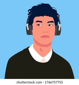 Asian man listen to music on headphones. Music therapy. Guy profile. Avatar for social networks. Vector flat illustration.